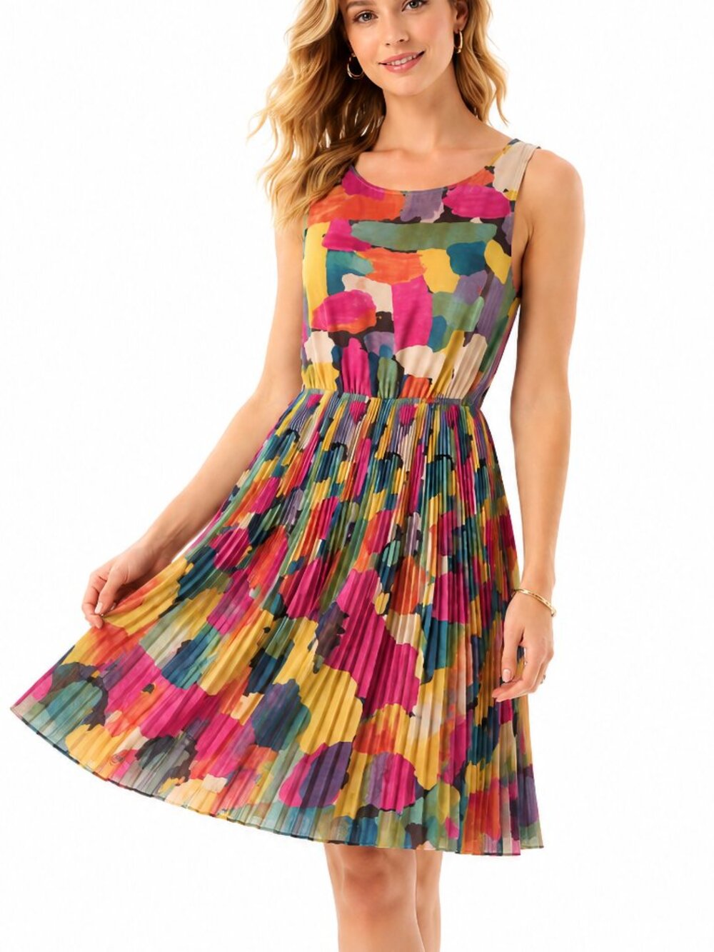 Black Rainn Pleated Abstract Print Dress Fit Flare Sleeveless M